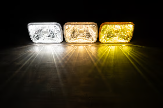 RetroBright rectangular headlights lit on from clear to yellow "euro-style" lenses